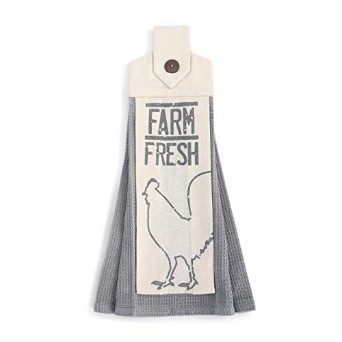 Farm Fresh Grey and Cream 20 x 6 Cotton Fabric Button Loop Dish Tea Towel