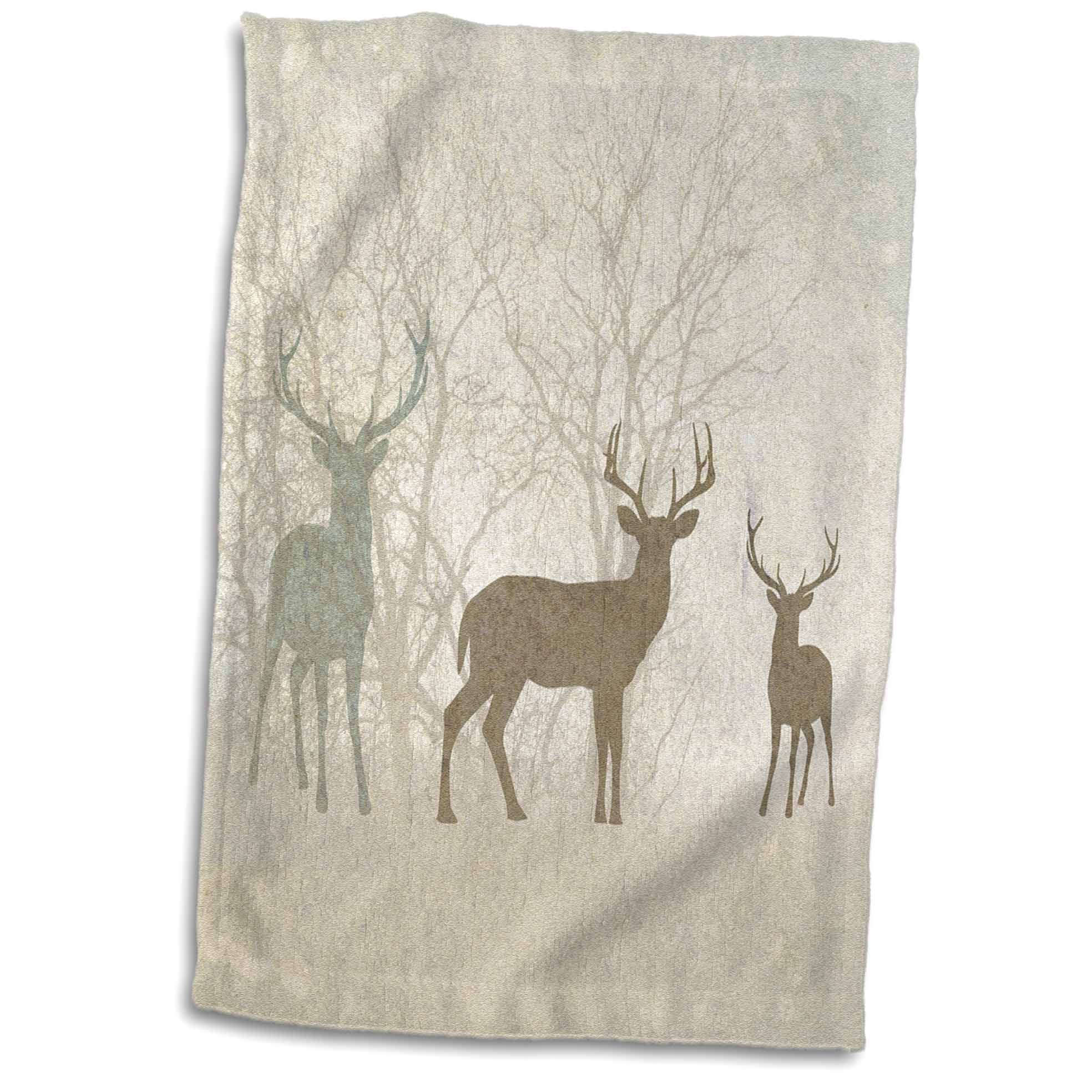 3D Rose Deer Silhouettes Set Against Faded Forest Background in Earth Tones Hand Towel, 15" x 22", Multicolor