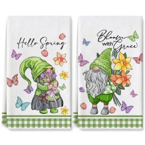 anydesign green buffalo plaid kitchen towels hello spring watercolor gnome butterfly flowers dishcloth soft hand drying tea towel for kitchen cooking baking home decorations set of 2, 18 x 28 inch