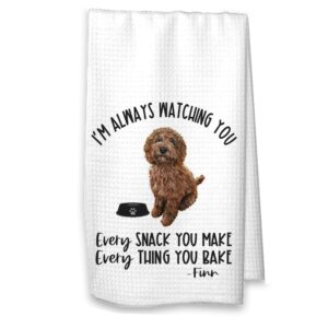 the creating studio personalized chocolate goldendoodle kitchen towel, always watching you, housewarming gift, hostess gift (white towel, choc doodle with name)