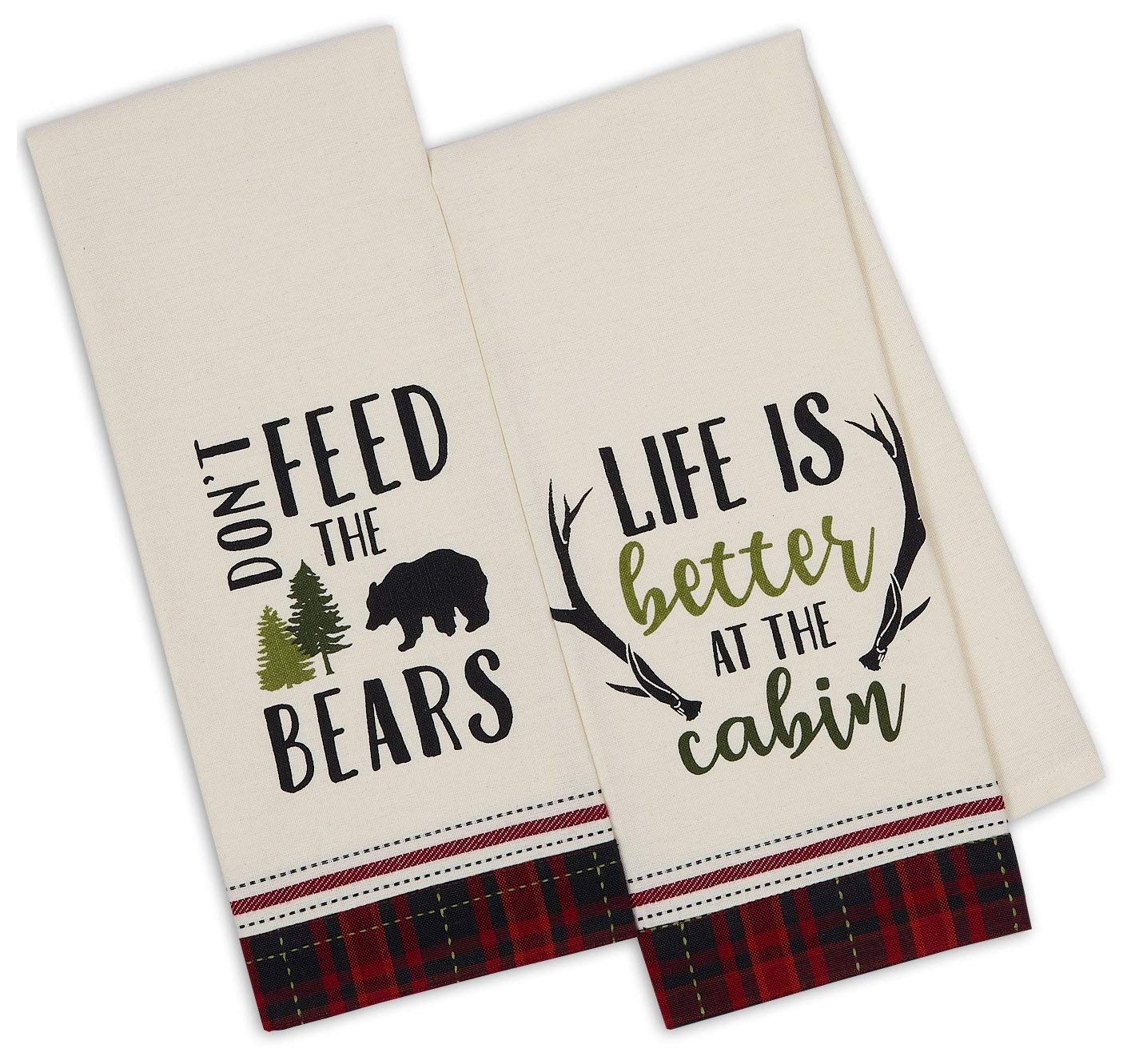 3 Cabin Lodge Themed Decorative Cotton Kitchen Towels with Bear, Antler, Deer, Moose and Paw Print | Towel Set for Dish and Hand Drying