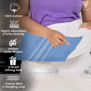 VALARI 100% Cotton Kitchen Dish Towels | Reusable Tea Towels & Hand Towels | Super Absorbent, Quick Dry Kitchen Towels | 14x25 Inch |Pack of 12, White/Blue