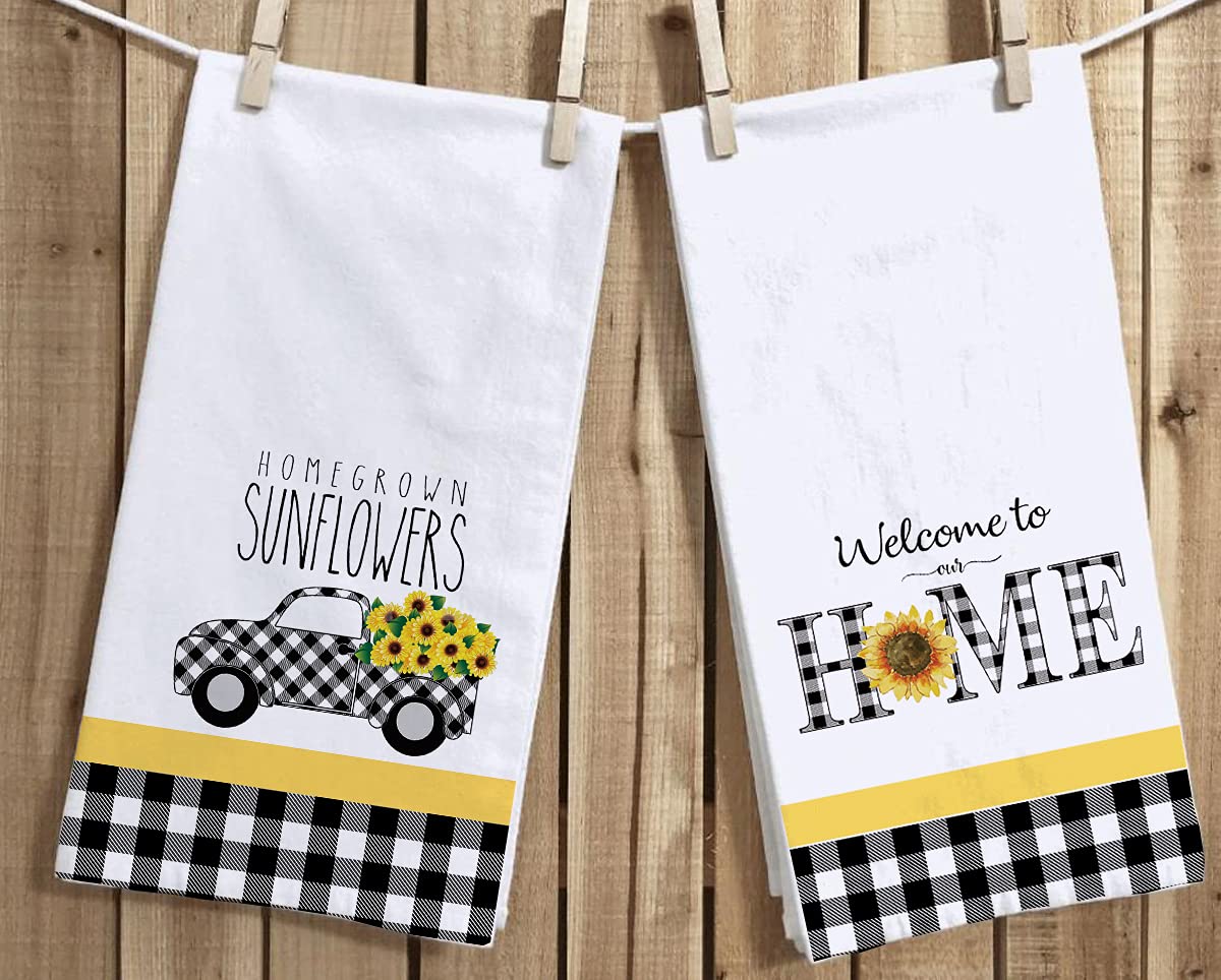 Buffalo Plaid Sunflowers Kitchen Dish Towel 18 x 28 Inch Set of 2, Seasonal Spring Summer Sunflower Trucks Tea Towels Dish Cloth for Cooking Baking