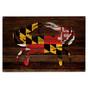 lantern press 10x15 inch wood sign, ready to hang wall decor, maryland, dark rustic state flag, crab, image only