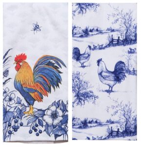 2 piece farmhouse rooster blue and white dual purpose terry towel kitchen bundle