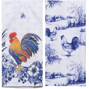 2 Piece Farmhouse Rooster Blue and White Dual Purpose Terry Towel Kitchen Bundle