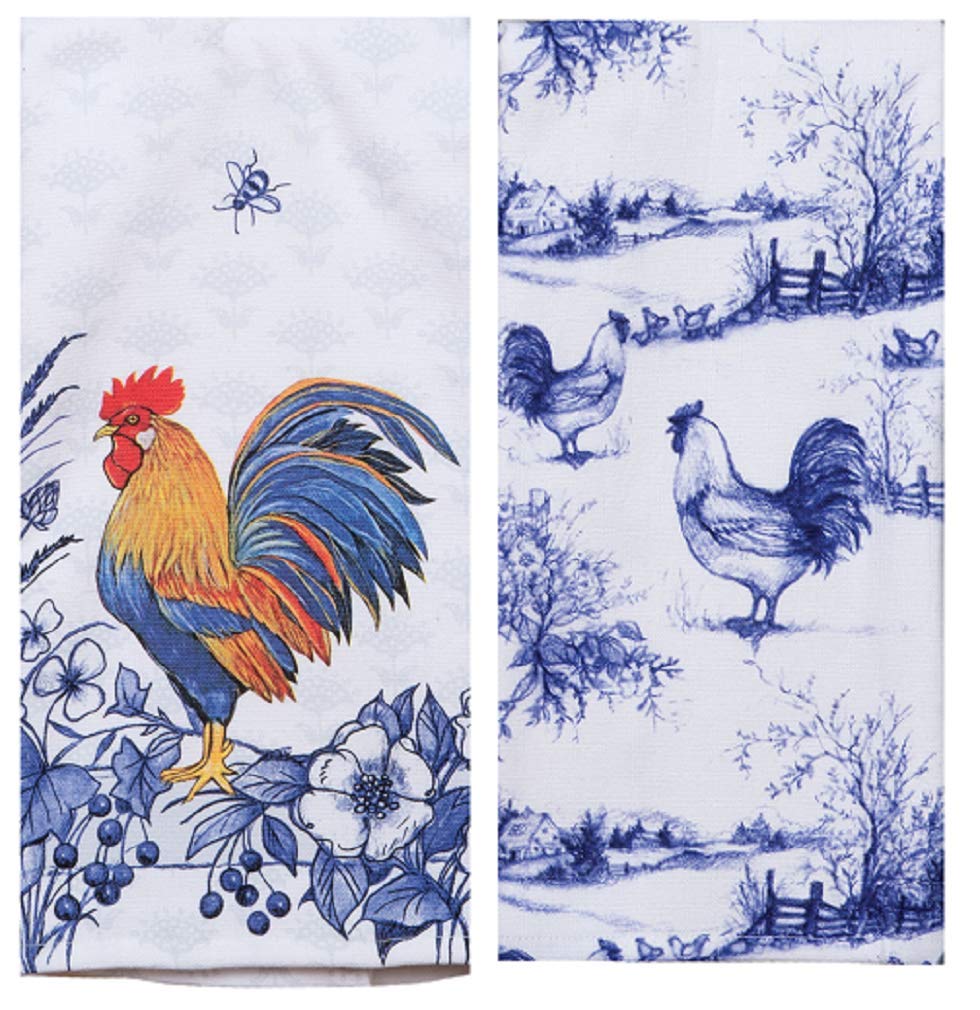 2 Piece Farmhouse Rooster Blue and White Dual Purpose Terry Towel Kitchen Bundle