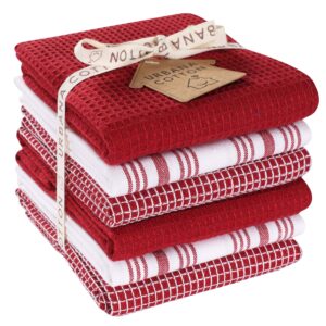 urbana cotton set of 6 assorted waffle kitchen towels 100% cotton super soft absorbent reusable cleaning cloths machine washable weave tea towel with hanging loop (red & white, 16 x 26 inches)