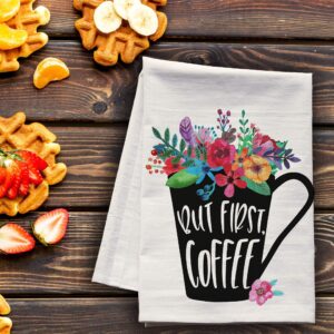 But first, Coffee Flower Filled Cup - Premium Kitchen Towel - Extra large flour sack tea towel, dish towel, cute coffee lover gifts under 20 dollars- Made in the USA