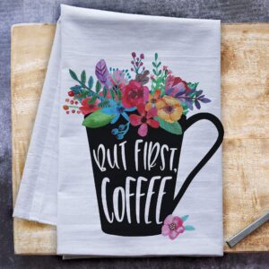 But first, Coffee Flower Filled Cup - Premium Kitchen Towel - Extra large flour sack tea towel, dish towel, cute coffee lover gifts under 20 dollars- Made in the USA