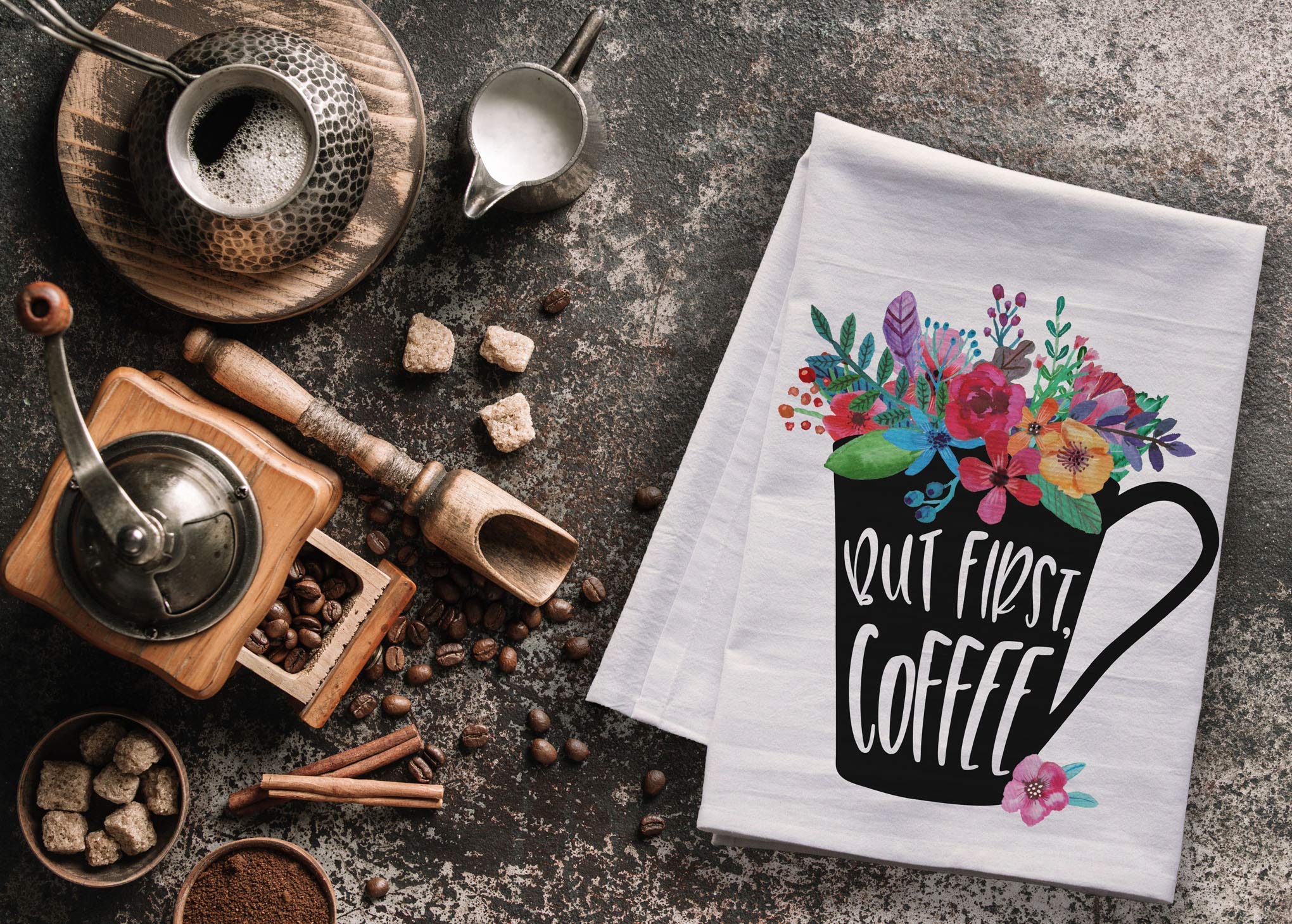 But first, Coffee Flower Filled Cup - Premium Kitchen Towel - Extra large flour sack tea towel, dish towel, cute coffee lover gifts under 20 dollars- Made in the USA