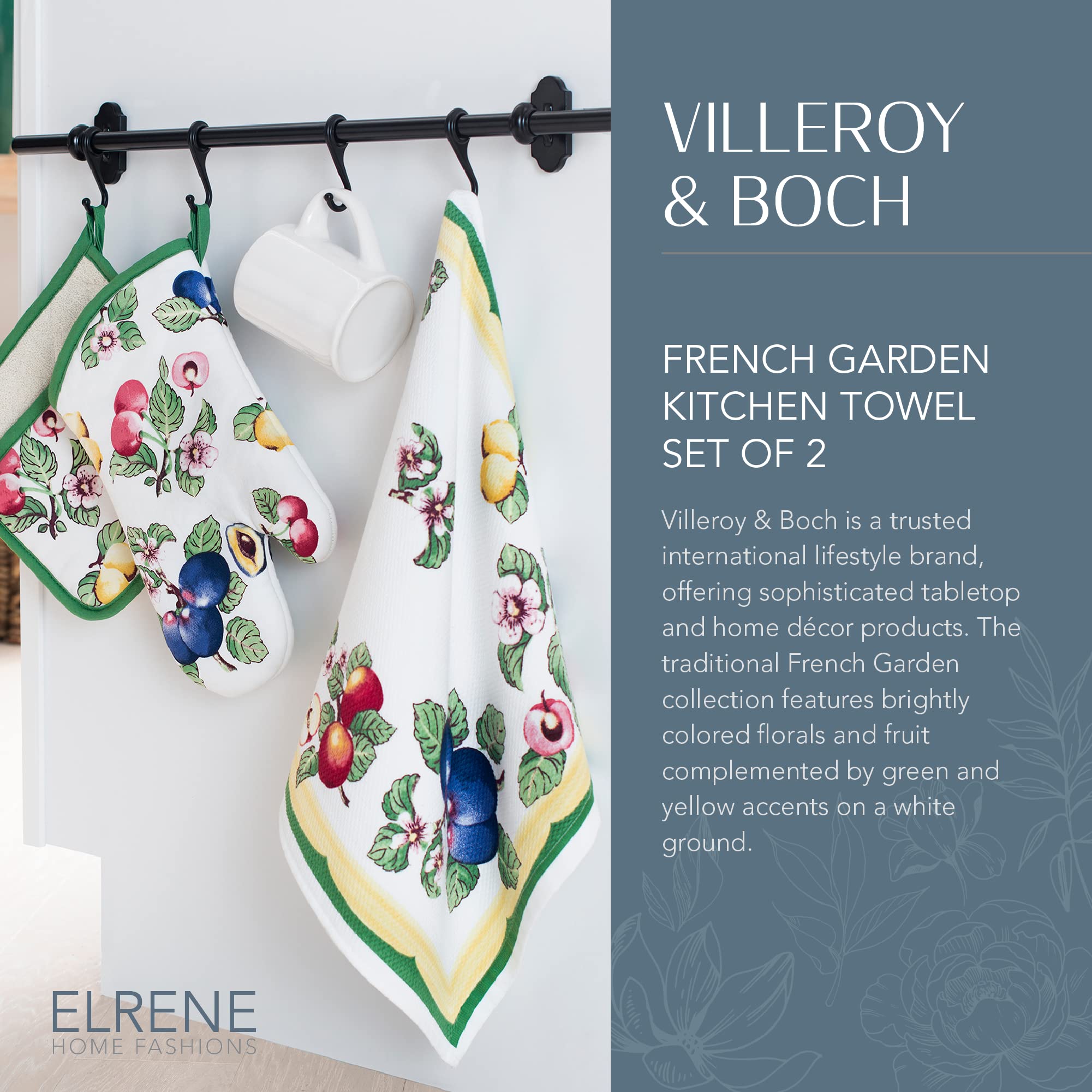 Elrene Home Fashions Villeroy & Boch French Garden Kitchen Towels, Dish Towels, 18 Inches by 28 Inches, Set of 2
