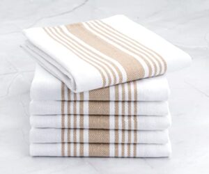 cotton dish towels set of 6 - beige & white tea towels - kitchen dish towels - hand towels with hanging loop - striped hand towels, farmhouse dish towels, linen bar towels, (beige/white, 18 x 28")