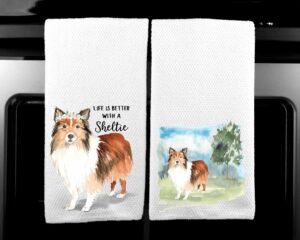 sheltie landscape and watercolor dog life is better microfiber kitchen tea towel set of 2