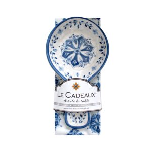 le cadeaux moroccan blue melamine spoon rest and tea towel set, large, white