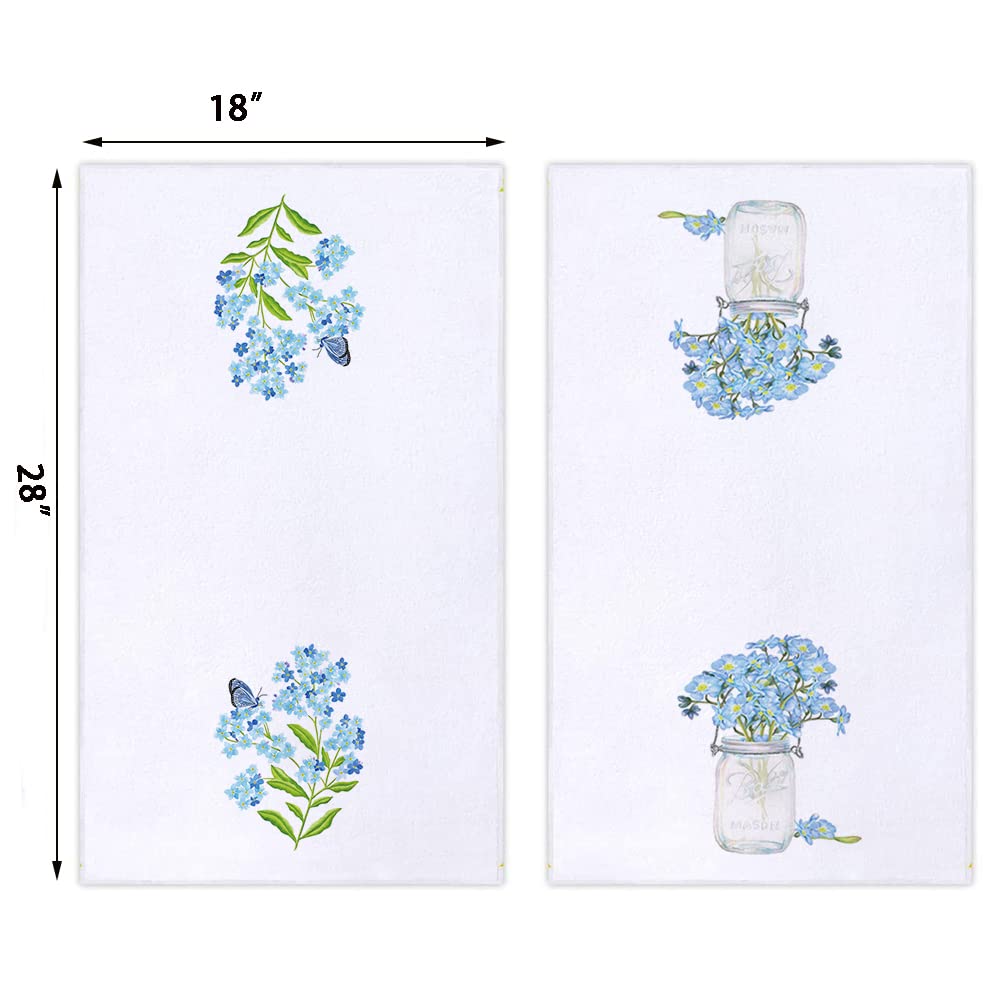 Watercolor Forget Me Not Kitchen Dish Towel 18 x 28 Inch Set of 2, Spring Summer Floral Tea Towels Dish Cloth for Cooking Baking