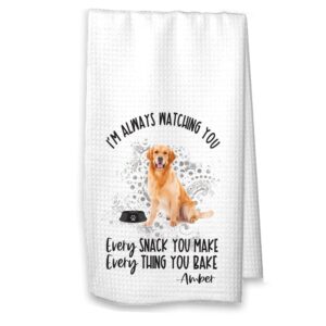 the creating studio personalized golden retriever always watching you waffle weave kitchen towel, 16"x24", housewarming gift hostess gift (golden retriever with name)