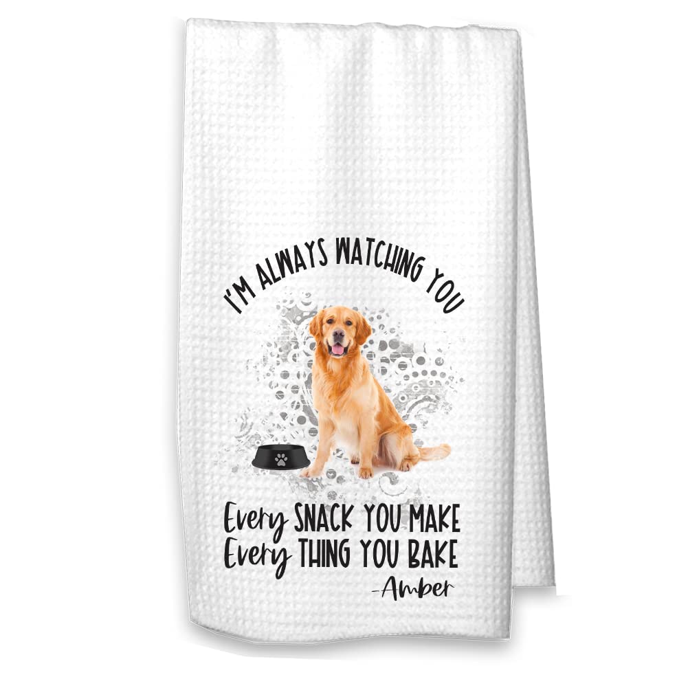 The Creating Studio Personalized Golden Retriever Always Watching You Waffle Weave Kitchen Towel, 16"x24", Housewarming Gift Hostess Gift (Golden Retriever with Name)