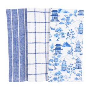 kaf home blue willow set of 3 ultra soft absorbent relaxed casual slubbed kitchen dish towels, 100-percent cotton, 18 x 28-inch, pre-washed, slubbed cotton