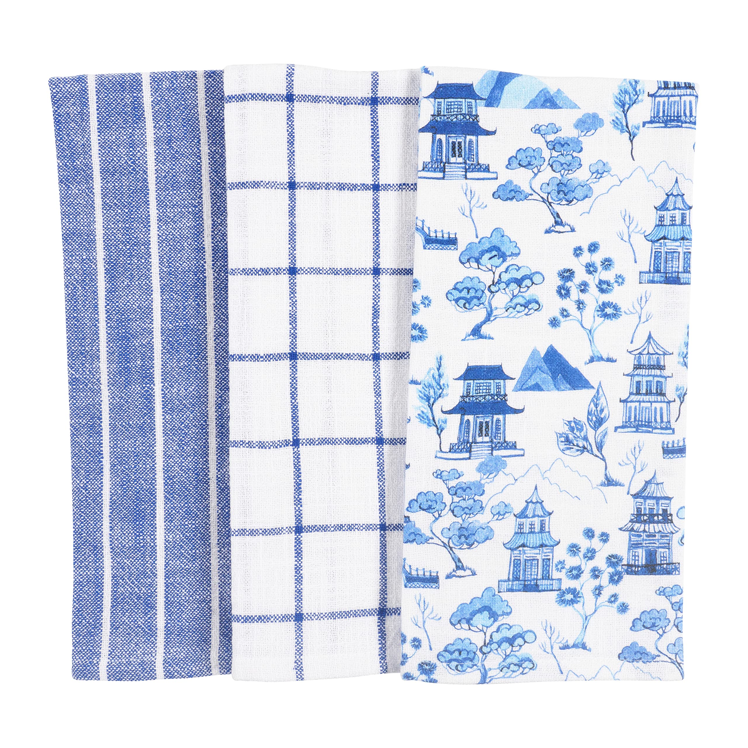 KAF Home Blue Willow Set of 3 Ultra Soft Absorbent Relaxed Casual Slubbed Kitchen Dish Towels, 100-Percent Cotton, 18 x 28-Inch, Pre-Washed, Slubbed Cotton