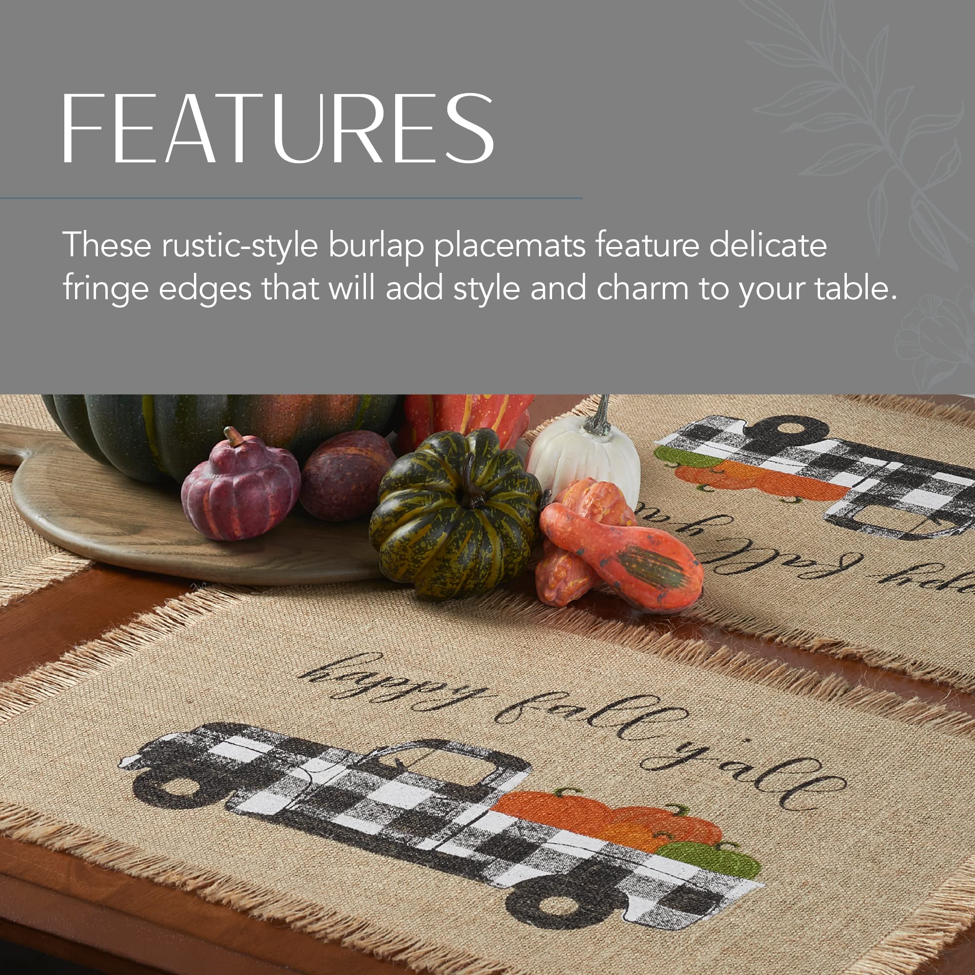 Elrene Home Fashions Happy Fall Y'all Autumn Burlap Placemat Set, 13" x 19", Set of 4, Multi