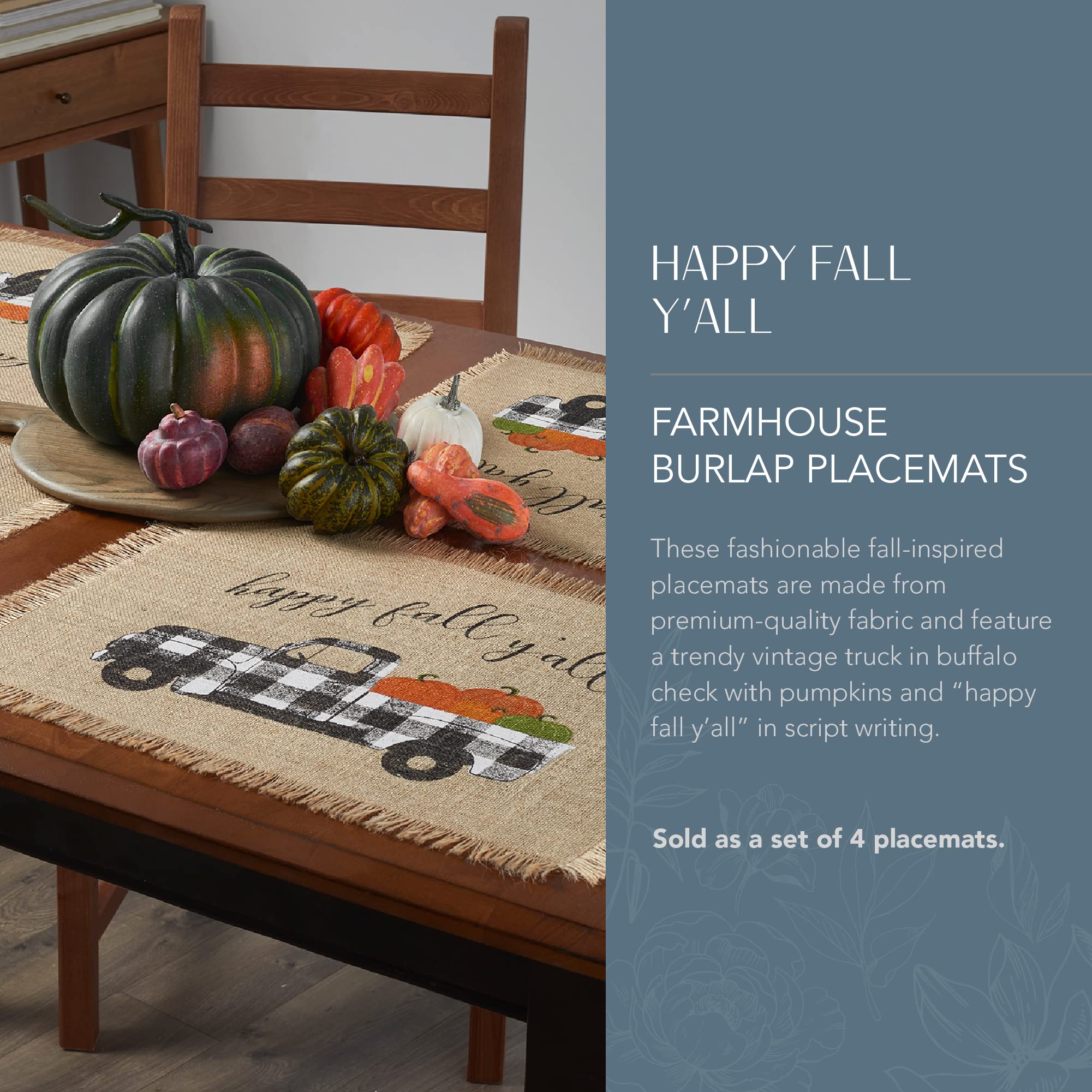 Elrene Home Fashions Happy Fall Y'all Autumn Burlap Placemat Set, 13" x 19", Set of 4, Multi