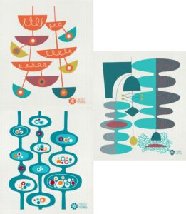 trendy tripper reusable swedish dishcloths/sponge cloths, set of 3 mid-century modern designs (pods, slicers + pendants) by jenn ski - assorted colors (petrol/turquoise/orange)