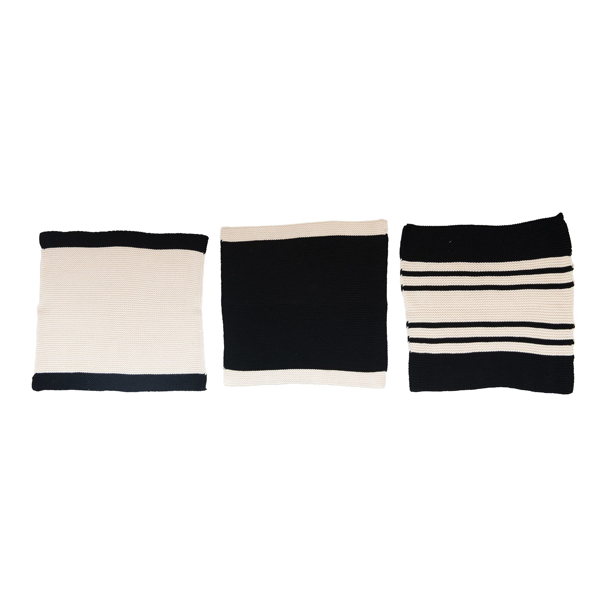 Creative Co-Op Square Knit Cotton Bag, Set of 3 Dish Cloth, Black & Cream 3