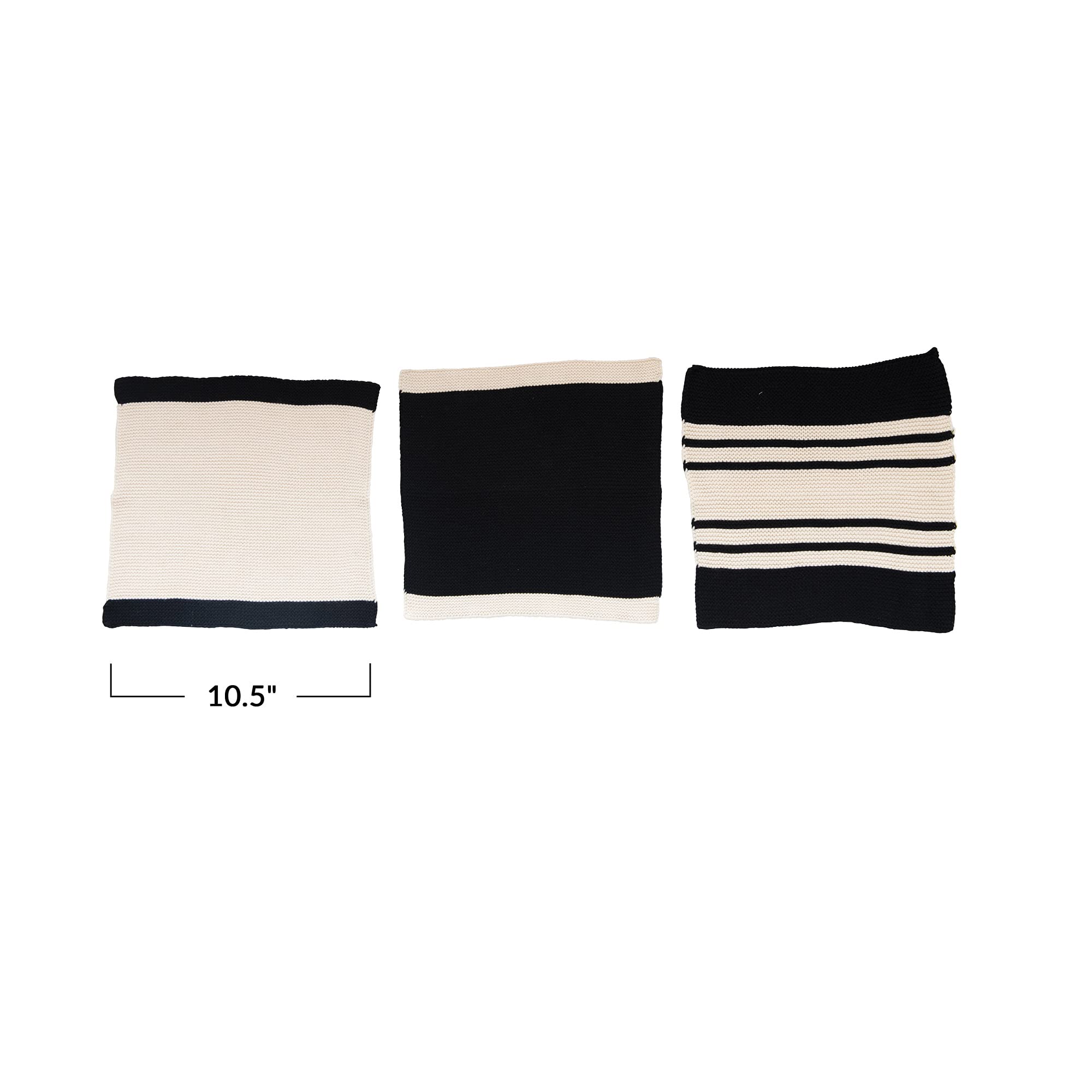 Creative Co-Op Square Knit Cotton Bag, Set of 3 Dish Cloth, Black & Cream 3