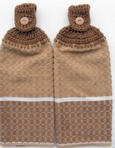 tan/brown waffle terry cloth towels - 2 crochet top hanging kitchen towels