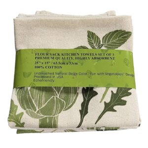 Fancy Flour Sack Kitchen Towels Set of 3 Premium Quality, Highly Absorbent, Vegetable Print White