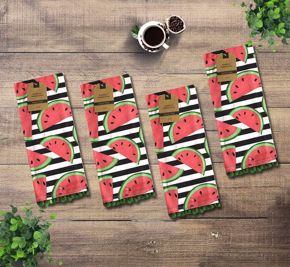 Set of 4, 100% Cotton Watermelon Design pom-pom Kitchen Towels Size: 16 x 28 Inch for Wedding, Baby Shower, Home Décor.