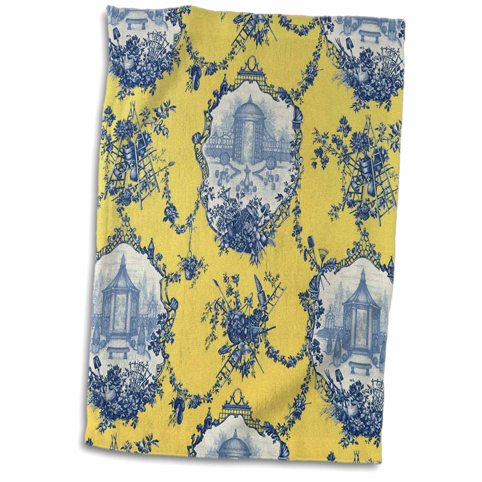 3D Rose Garden French Yellow and Blue. Popular Toile Print Hand Towel, 15" x 22"