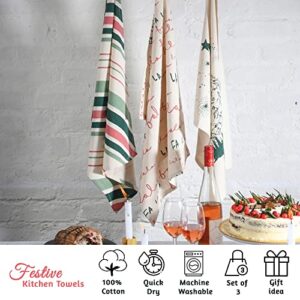 Folkulture Christmas Kitchen Towels or Dish Towels for Kitchen, 20 x 26 Inches Modern Tea Towels or Dish Cloths with Hanging Loop, Set of 3 Cotton Dishcloth for Farmhouse Decor, Falala