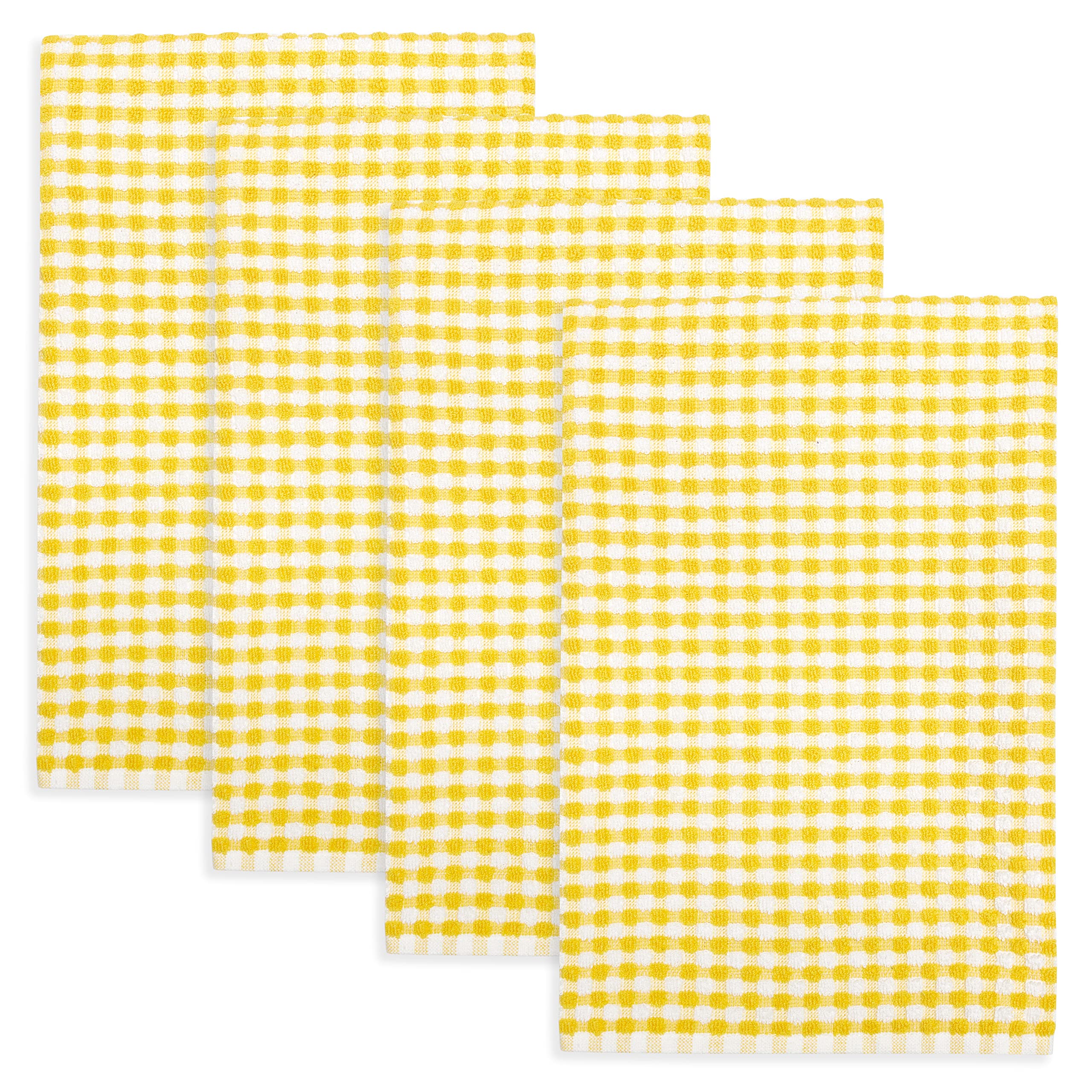 Cackleberry Home Gingham Check Terrycloth Kitchen Dish Towel Absorbent Large 18 x 28 Inches with Hanging Loop, Set of 4 (Lemon Yellow)