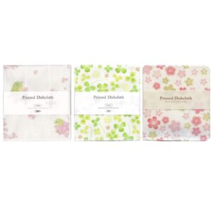 nawrap printed dishcloths set of 3, japanese white-eye + clover + flower