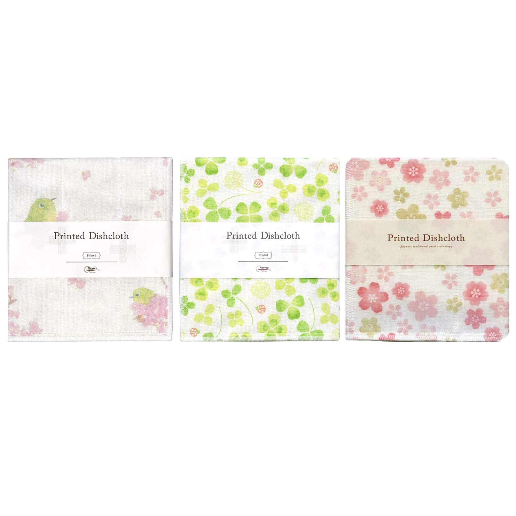 Nawrap Printed Dishcloths Set of 3, Japanese White-Eye + Clover + Flower