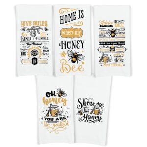 Honey Bee Kitchen Towels with Hanging Loop - Set of 5 100% Cotton Flour Sack Hand Towels - Home Decor Housewarming Hostess Mother's Day Gift for Bee Lover