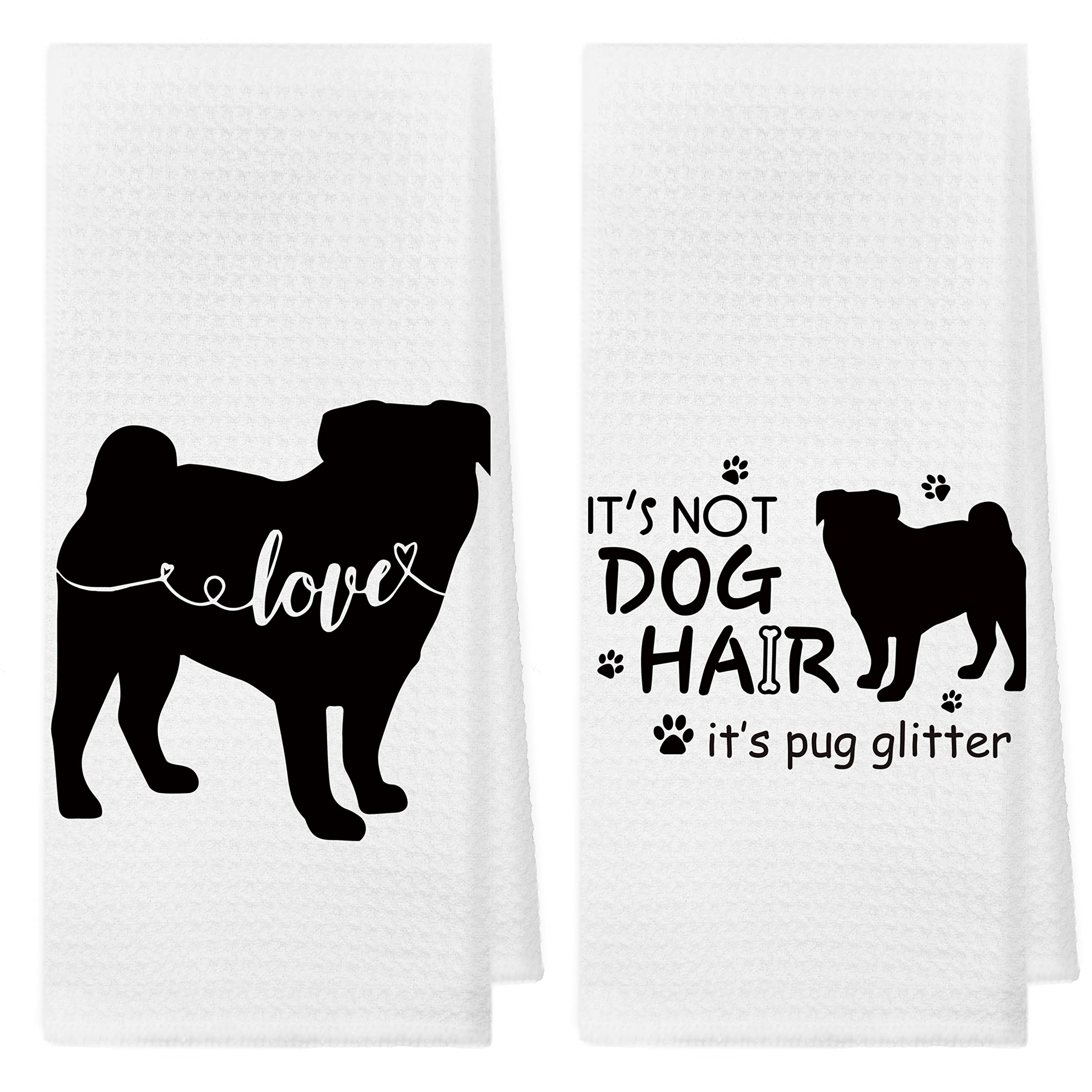 It's Not Dog Hair It's Pug Glitter Absorbent Kitchen Towels And Dishcloths 16×24 Inches Set Of 2,Funny Pug Silhouette Hand Towel Dish Towel Tea Towel For Kitchen Bathroom Decor,Dog Lovers Girls Gifts