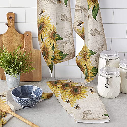 Dish Towels for Drying Dishes Kitchen Towels with Hanging Loop,Retro Farmhouse Sunflowers and Honey Bee Vintage Background Dishcloths for Kitchen Cleaning Wipe, 18 x 28 Inches