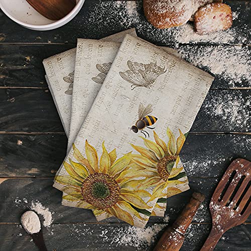 Dish Towels for Drying Dishes Kitchen Towels with Hanging Loop,Retro Farmhouse Sunflowers and Honey Bee Vintage Background Dishcloths for Kitchen Cleaning Wipe, 18 x 28 Inches