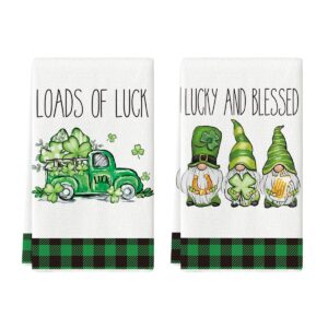 artoid mode buffalo plaid lucky clover shamrock truck gnomes kitchen dish towels, 18 x 26 inch seasonal st. patrick's day ultra absorbent drying cloth tea towels for cooking baking set of 2