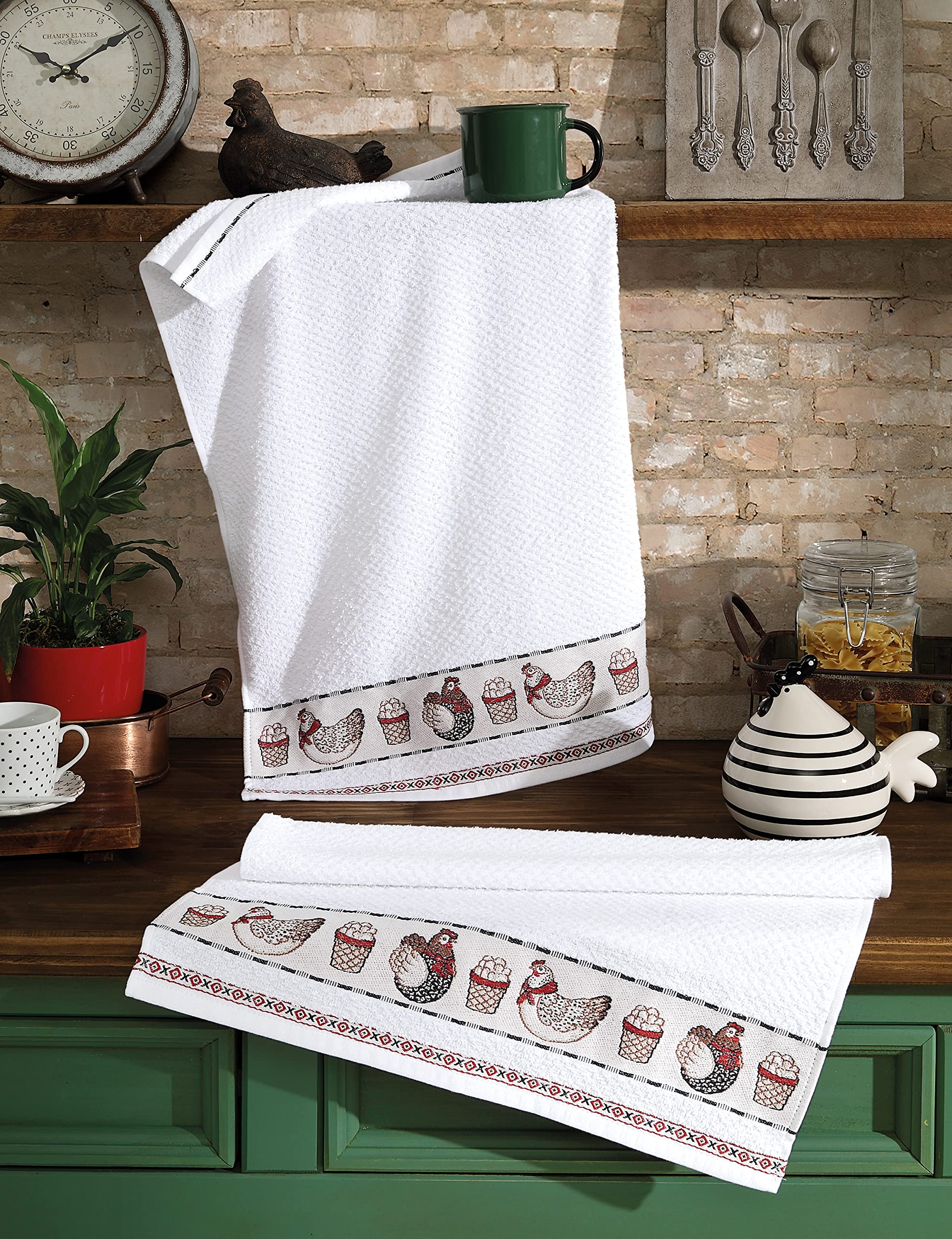 Cackleberry Home Farmhouse Kitchen Towels - Chickens and Egg Baskets Dish Towels - Terry Country Kitchen Towel Set - Chicken Decor for Kitchen - Hand Towels for Drying - 17 x 27 Inches - Set of 4