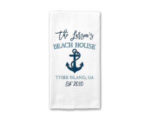canary road personalized beach house kitchen towel, personalized beach house tea towel, family name, beach kitchen decor, waffle weave towel, coastal gift, beach housewarming