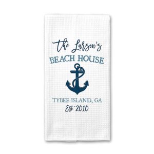 CANARY ROAD Personalized Beach House Kitchen Towel, Personalized Beach House Tea Towel, Family Name, Beach Kitchen Decor, Waffle Weave Towel, Coastal Gift, Beach Housewarming