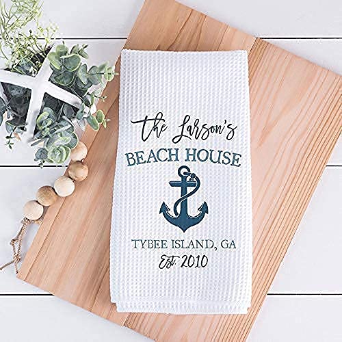 CANARY ROAD Personalized Beach House Kitchen Towel, Personalized Beach House Tea Towel, Family Name, Beach Kitchen Decor, Waffle Weave Towel, Coastal Gift, Beach Housewarming