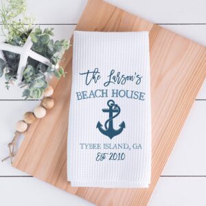 CANARY ROAD Personalized Beach House Kitchen Towel, Personalized Beach House Tea Towel, Family Name, Beach Kitchen Decor, Waffle Weave Towel, Coastal Gift, Beach Housewarming