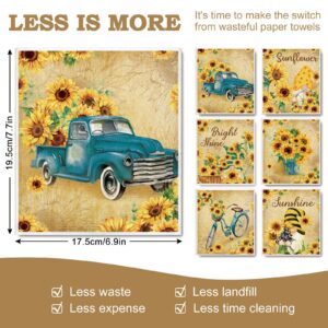 Whaline 6Pcs Sunflower Swedish Kitchen Dishcloths Vintage Spring Summer Flower Gnome Truck Dish Towel Retro Floral Cotton Absorbent Dish Cloth for Home Party Cleaning Housewarming, 6.9 x 7.7 Inch