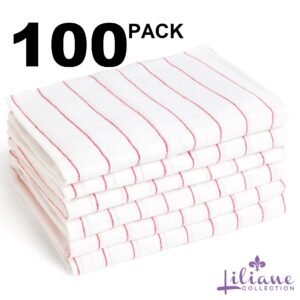 Liliane Collection Bulk Wholesale Carton of 100 Glass Towels - 16" x 27" 100% Cotton Kitchen Towels - Dish Towels in White with Red Stripes - No Streaks or Spots on Glasses, Flutes, Wine Glasses