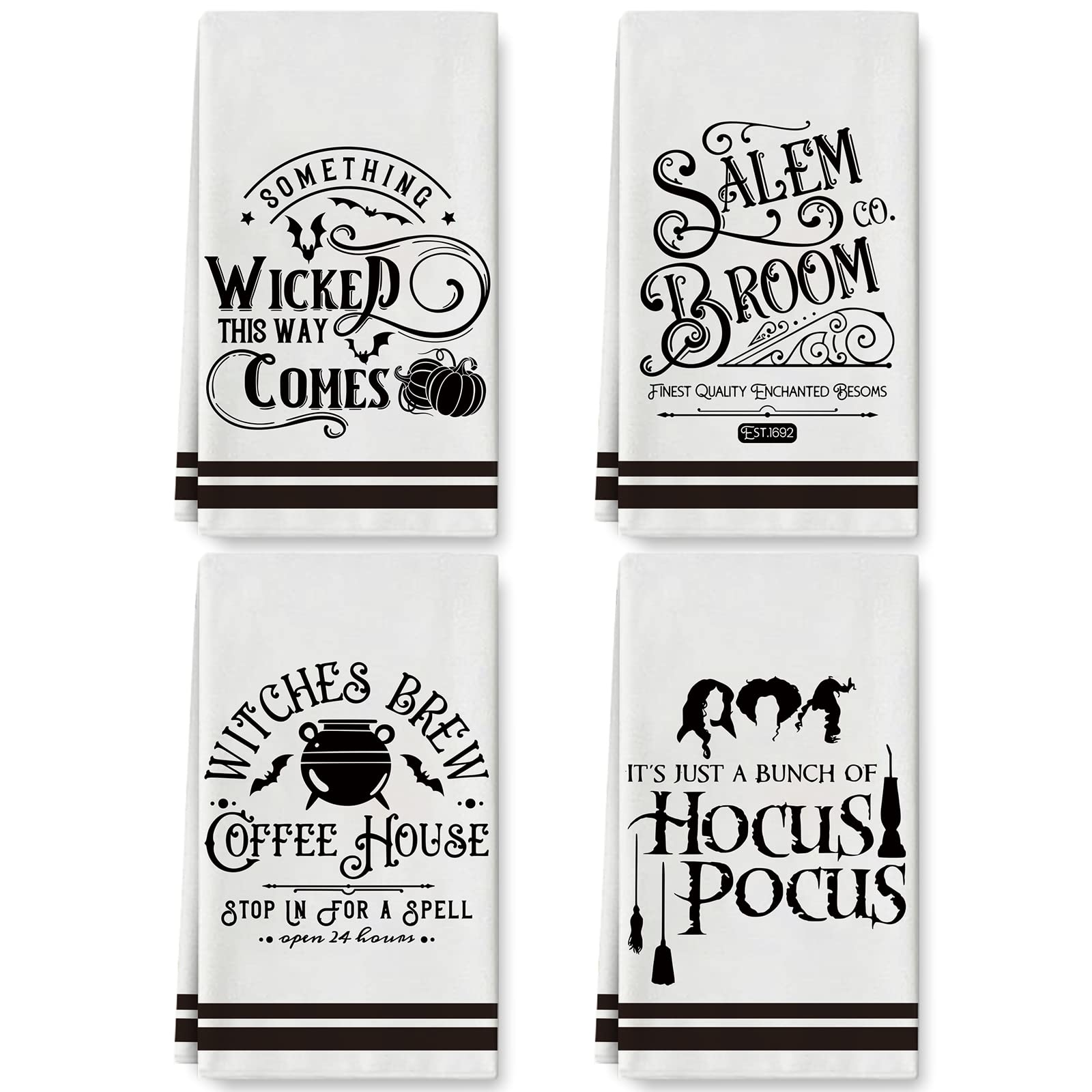 AnyDesign Halloween Kitchen Dish Towel 18 x 28 Inch Vintage Witches Dishcloth Ultra Absorbent Drying Cloth Tea Towel Hocus Pocus Hand Towel for Holiday Cooking Baking, 4 Packs